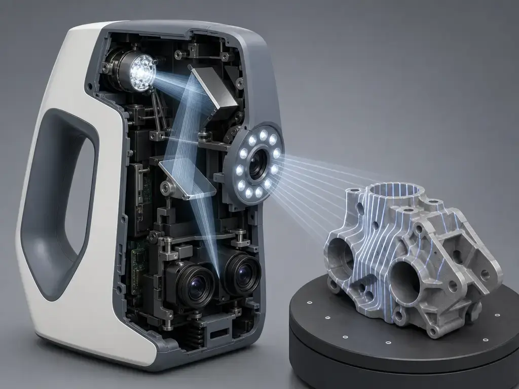 Structured-light Artec Eva scanner showing internal geometry capture and tracking setup