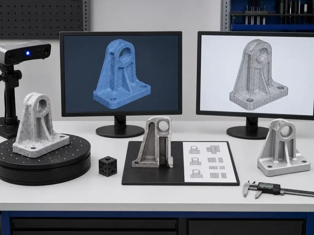 Scan-to-CAD workflow for Artec Eva reverse engineering with mesh, section, and CAD steps