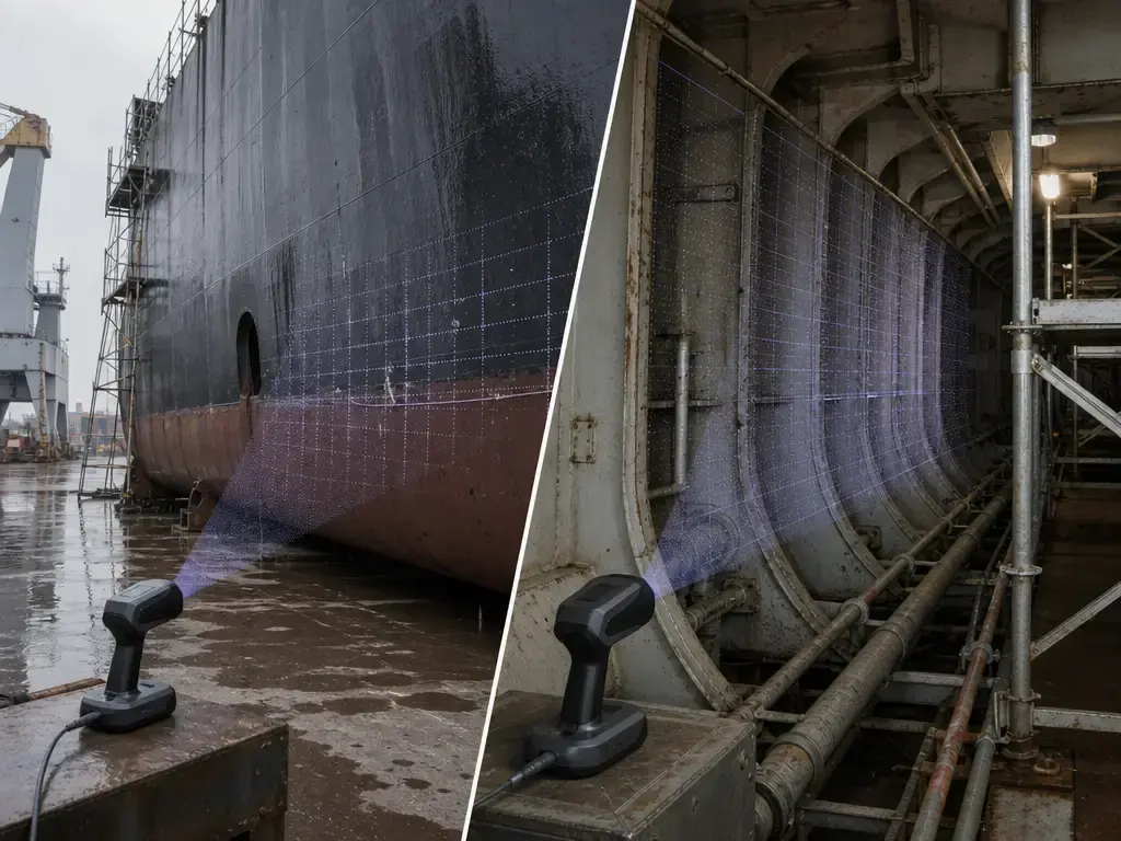 Comparison of shipbuilding 3D scanning challenges on wet hulls and cramped interiors