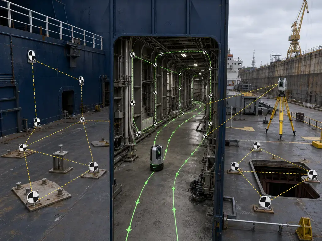 Shipyard vessel refit scanning workflow with control points and registration anchors