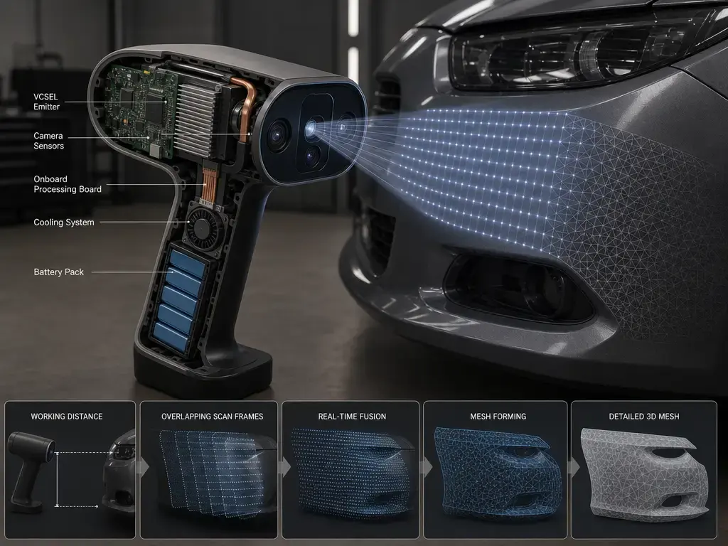 Artec Leo cutaway scanning an automotive bumper with structured light