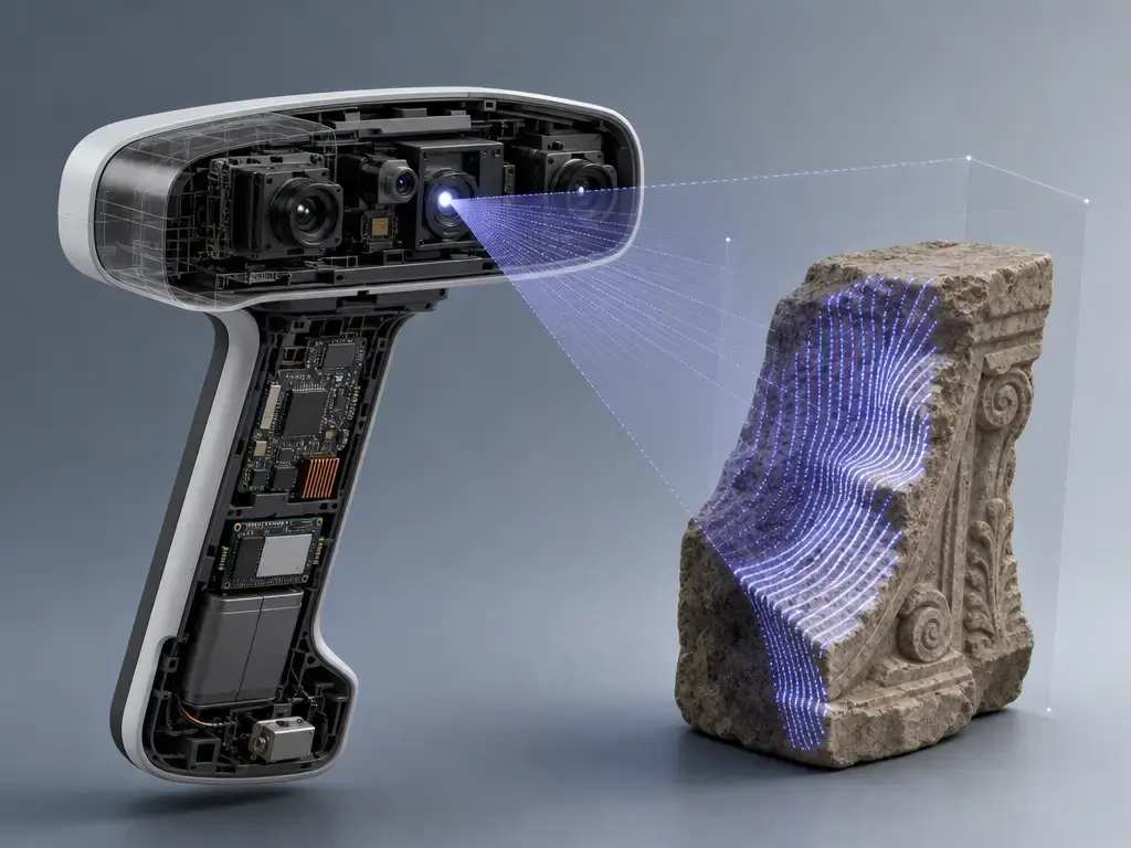 Artec Leo structured-light scanner cutaway showing internal modules and scan volume