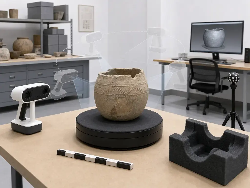 Artec Leo workflow scene for portable cultural heritage 3D scanning in a conservation lab