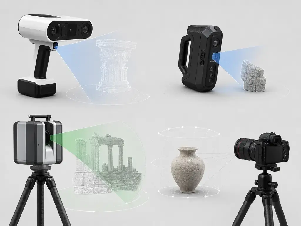 Comparison layout of Artec Leo, LiDAR, photogrammetry, and close-range scanners