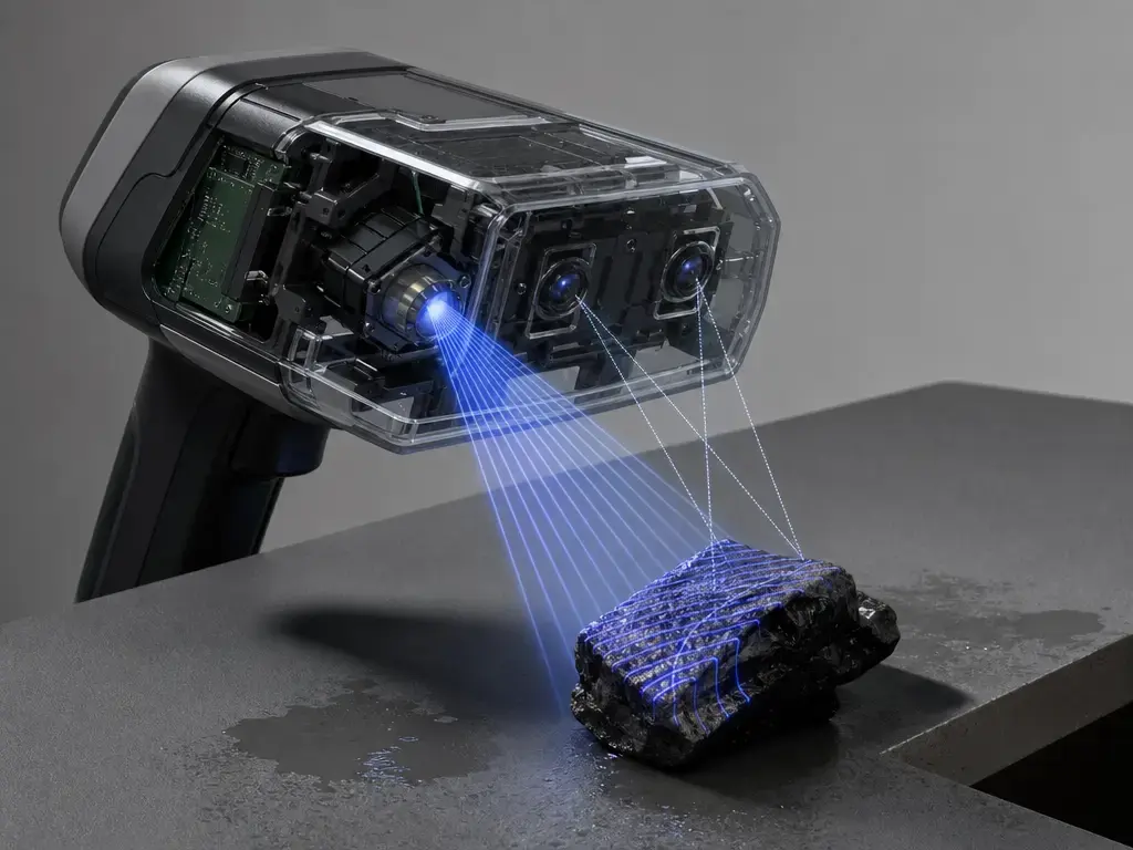 Structured light 3D scanner cutaway showing triangulation on a forensic evidence object