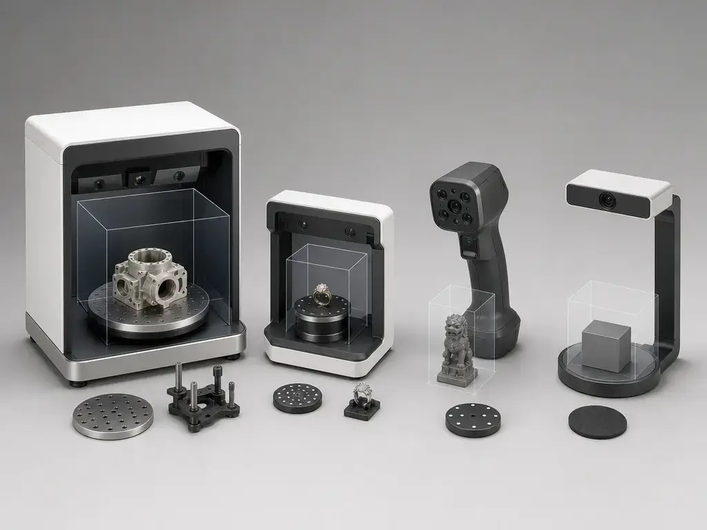 Comparison layout of jewelry 3D scanner classes including Artec Micro II