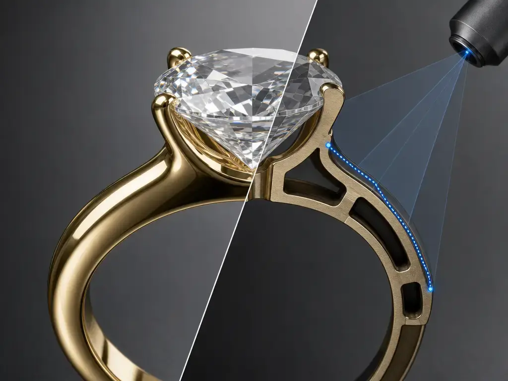 Jewelry scan cutaway showing reflective metal, a transparent stone, and hidden recesses.