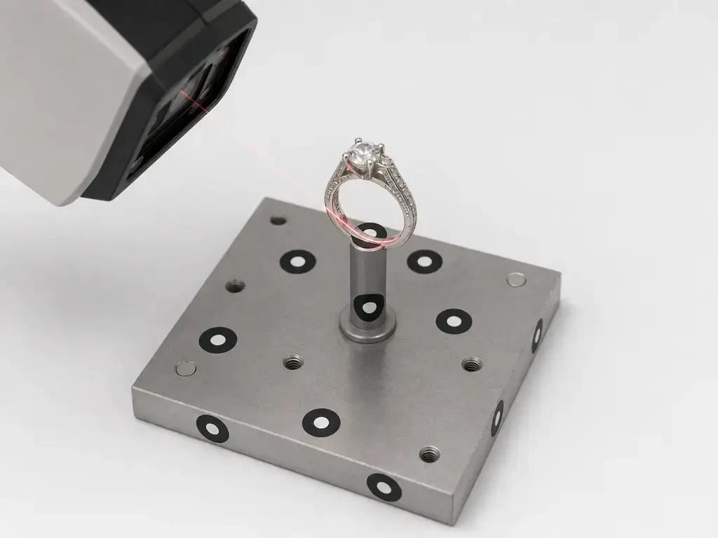 Artec Point jewelry setup with marker targets on a fixture base and limited visibility.