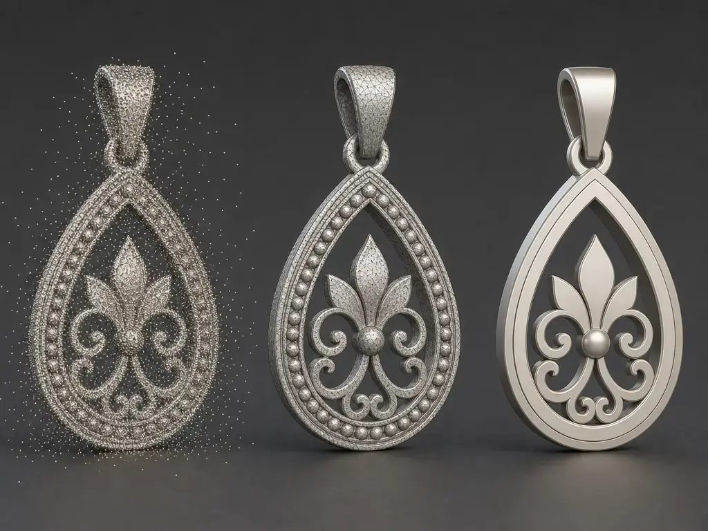 Jewelry scan workflow showing point cloud, mesh, and CAD reconstruction stages.