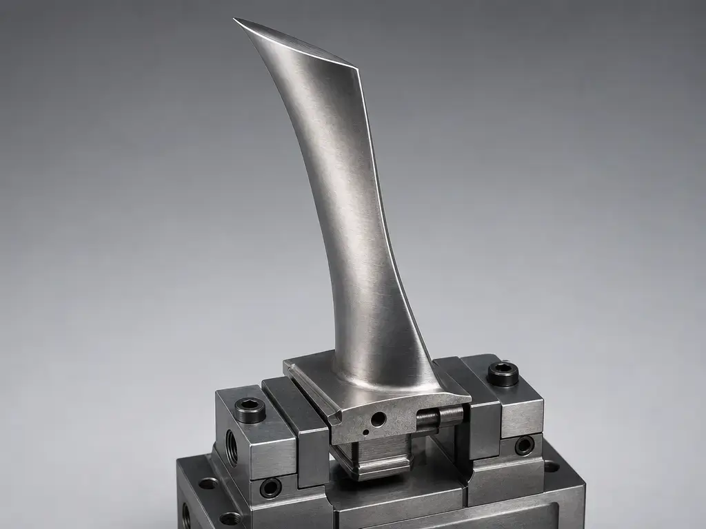 Fixtured turbine blade with thin twisted aerofoil and complex root geometry