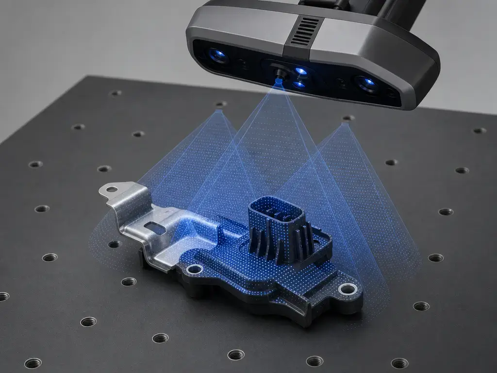 3D scanner metrology setup for car parts with a small bracket and close working distance
