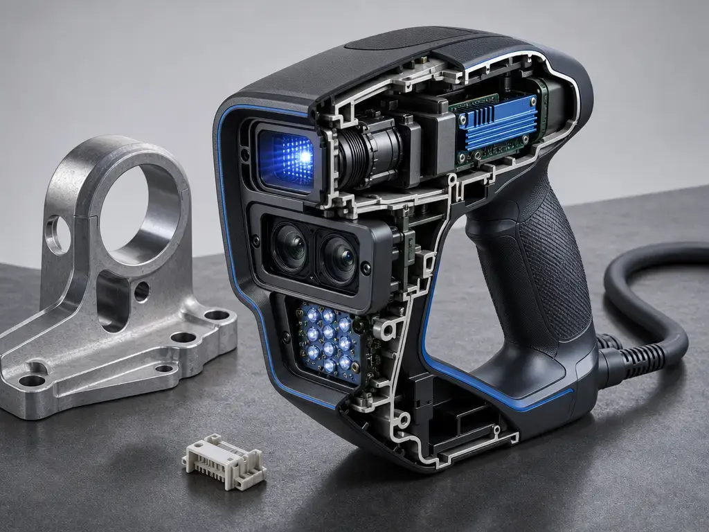 Cutaway view of a structured-light 3D scanner for small-part scan-to-CAD work