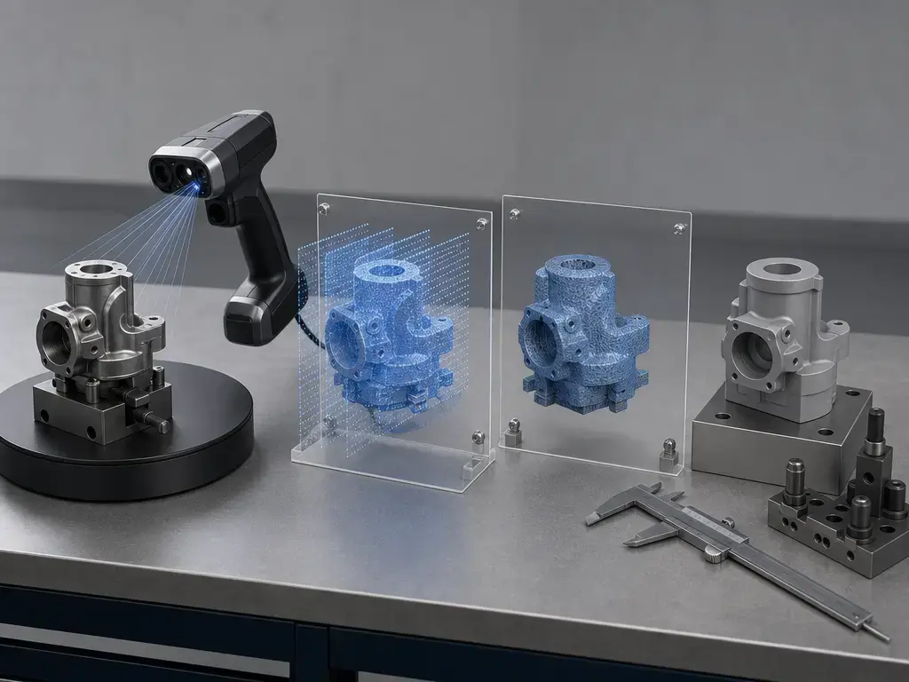 Scan-to-CAD workflow with scanner, part fixture, mesh, and CAD reconstruction