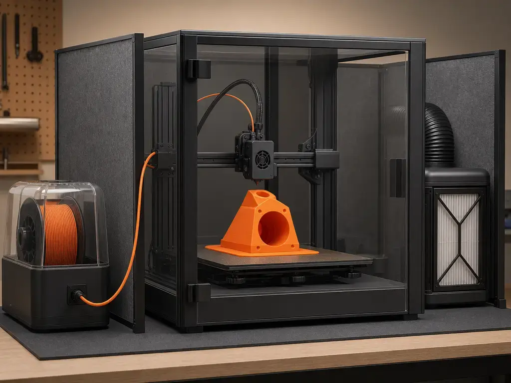 ASA filament print in an enclosure with brim, heated bed, and filament drying setup