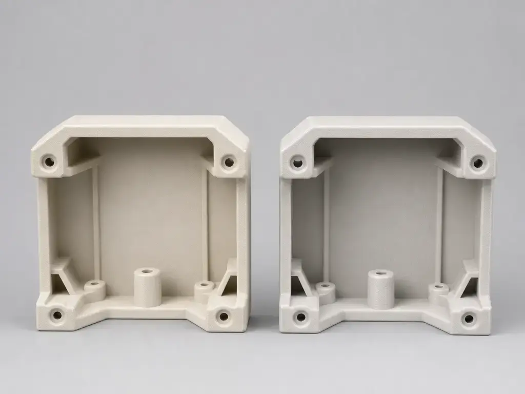 Side-by-side ASA and ABS printed parts for material comparison