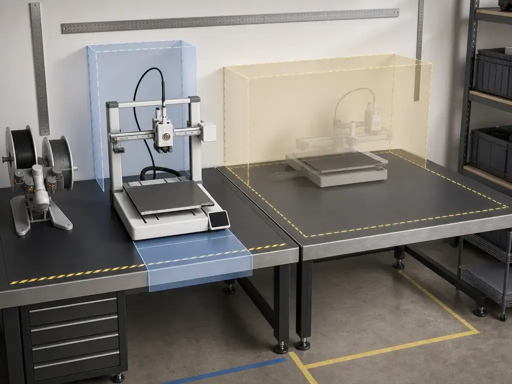 Desk clearance setup showing A1 Mini and A1 printer depth requirements
