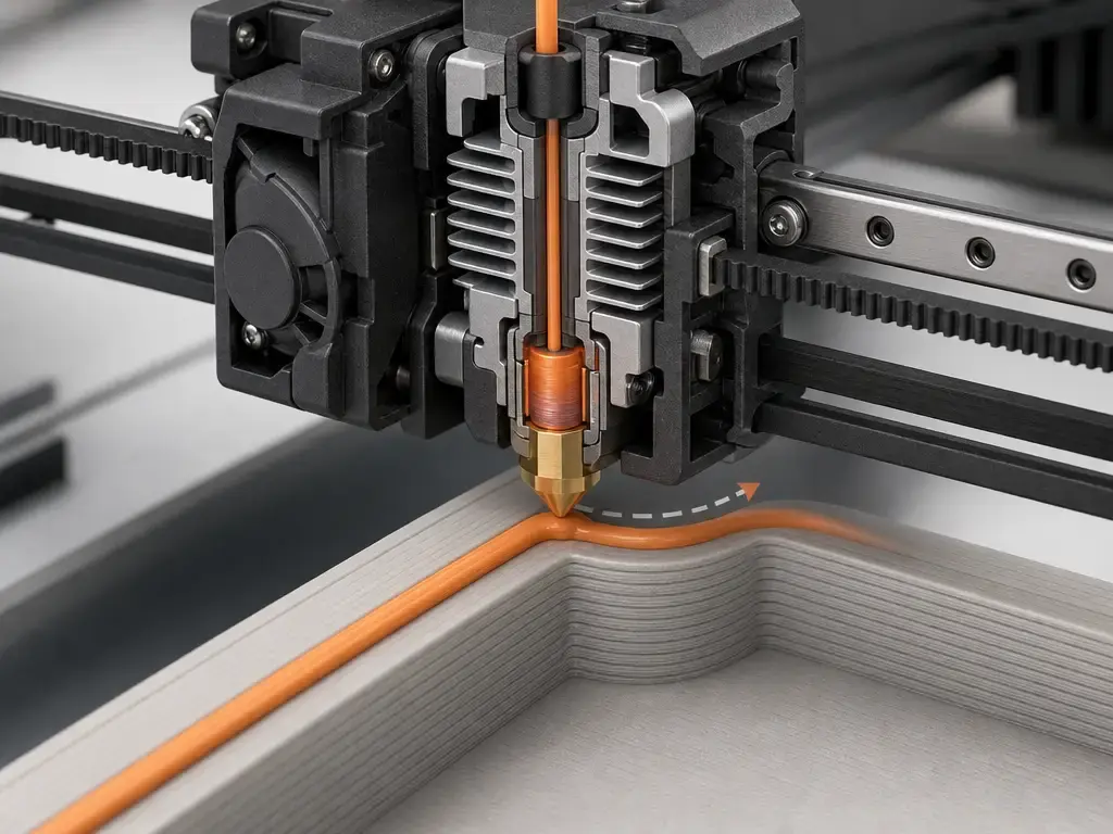 3D printer toolhead changing direction while extruding on a printed part