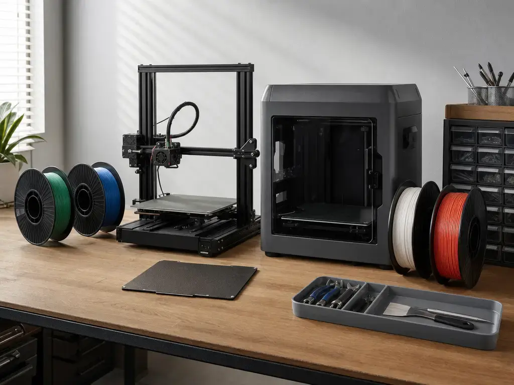 3D printing workflow with open-frame and enclosed printers plus PLA, PETG, ABS, and ASA spools