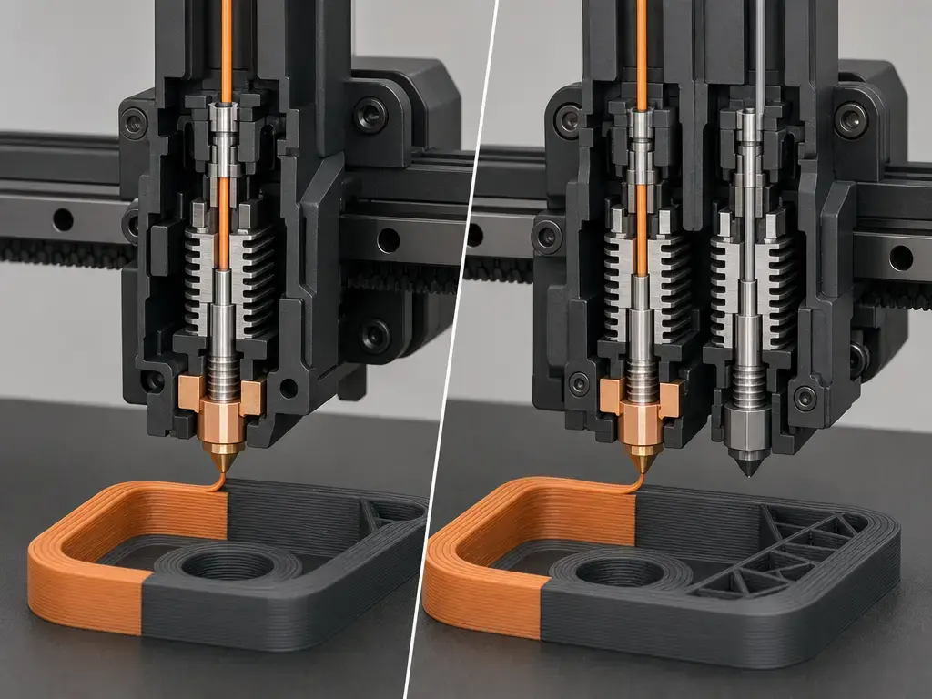 Single-nozzle and dual-nozzle H-series printhead cutaway over a printed part