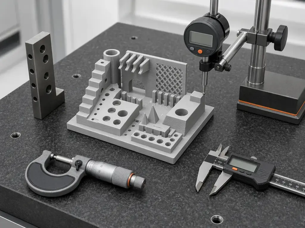 3D printed test artifact on a metrology plate for geometric measurement