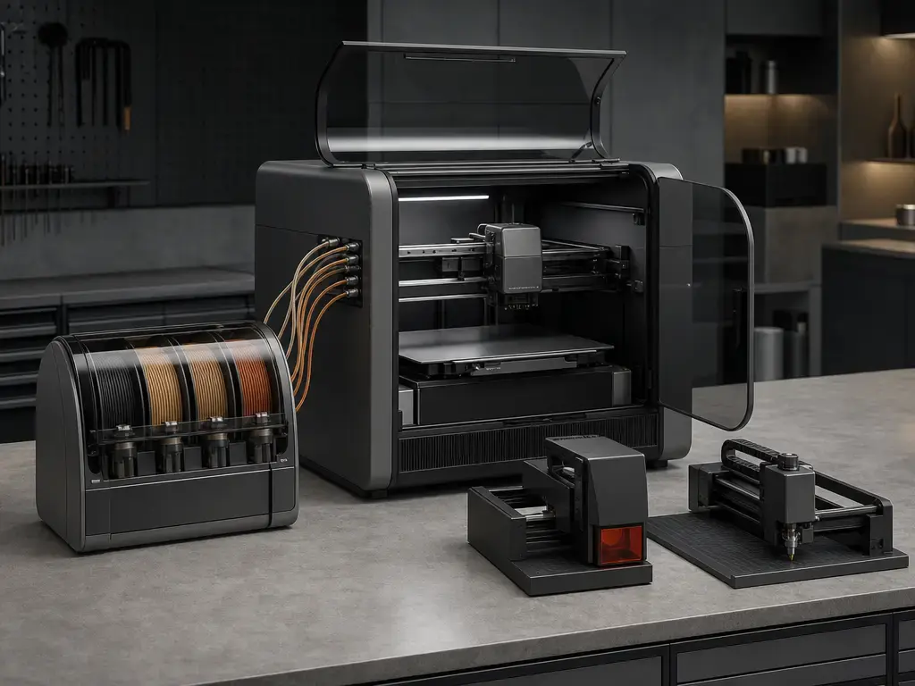 H-series printer ecosystem with filament handling hardware and optional laser module