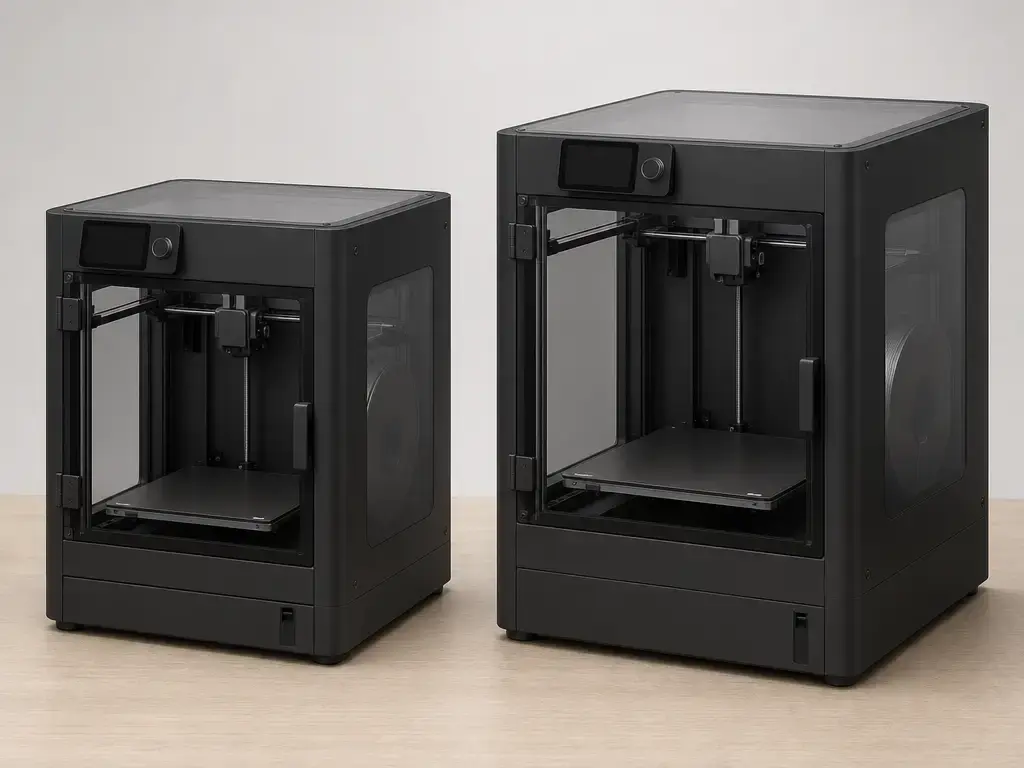 Side-by-side comparison of Bambu Lab P1S and P2S enclosed 3D printers