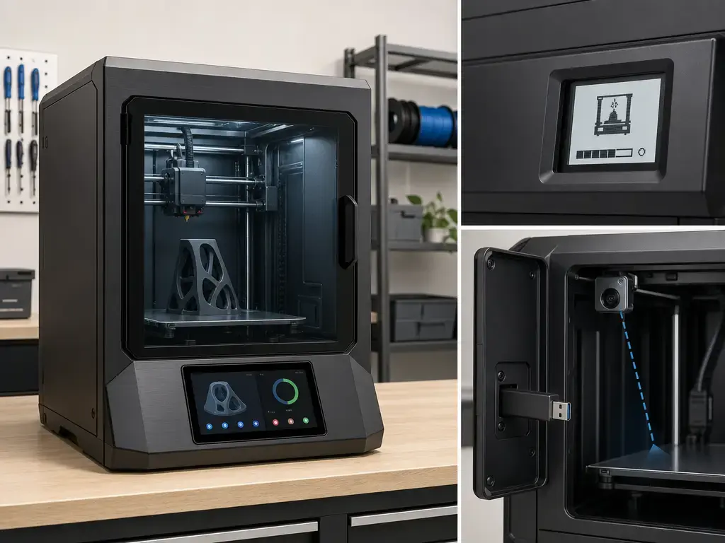 3D printer workflow scene with touchscreen, removable storage, and chamber camera
