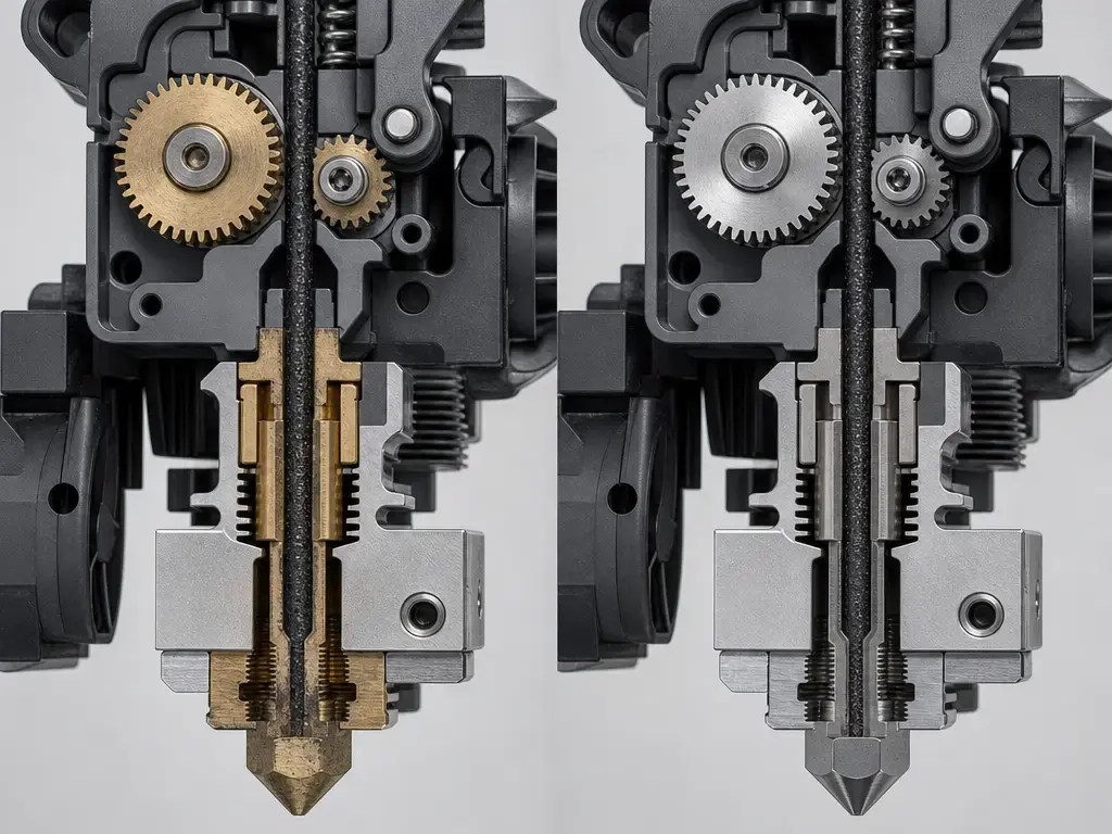 Cutaway of 3D printer toolhead for abrasive filament and hardened wear parts