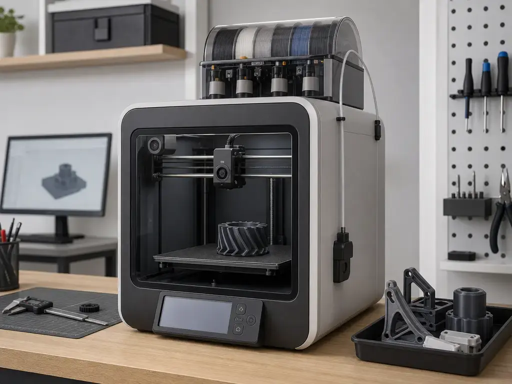 Bambu 3D printer workflow scene with setup, monitoring, and AMS use