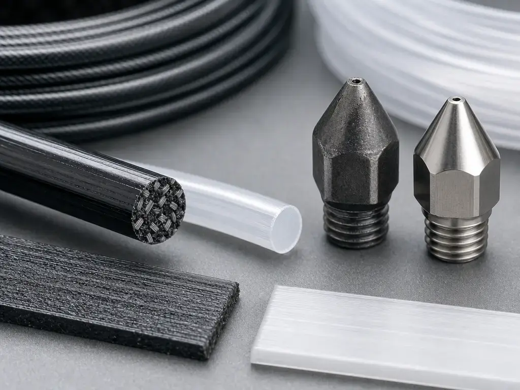 3D printing materials macro showing filament types and nozzle wear differences