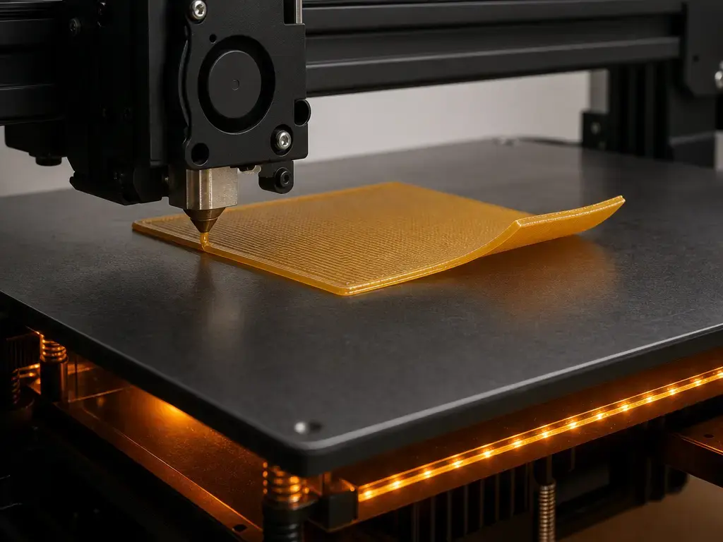 First-layer filament wetting on heated bed with corner warping example