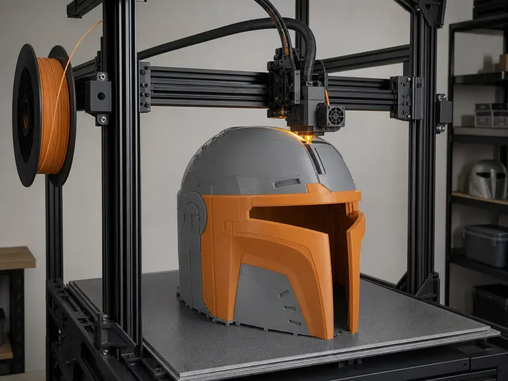 FDM printer extruding filament onto a large cosplay helmet print
