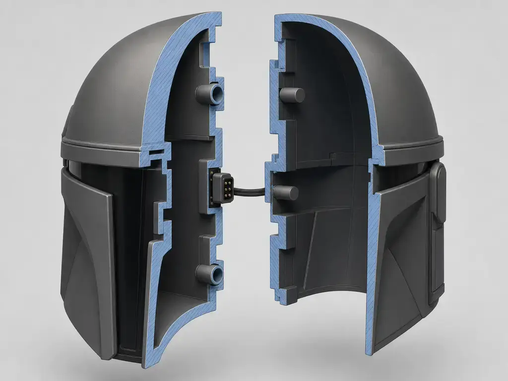 Cosplay helmet model split into printable sections with alignment connectors