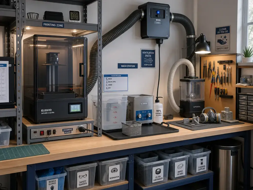 Dedicated home 3D printing workspace with ventilation and separate cleanup areas