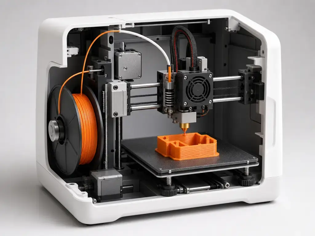 Cutaway of an FDM printer nozzle depositing PLA on a build plate