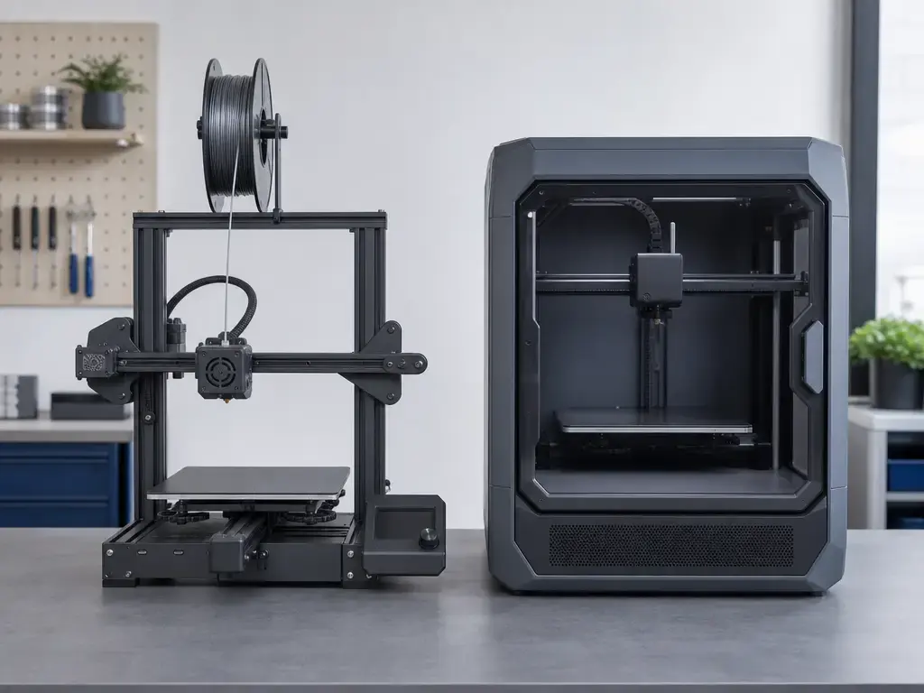 Open-frame and enclosed desktop 3D printers shown side by side