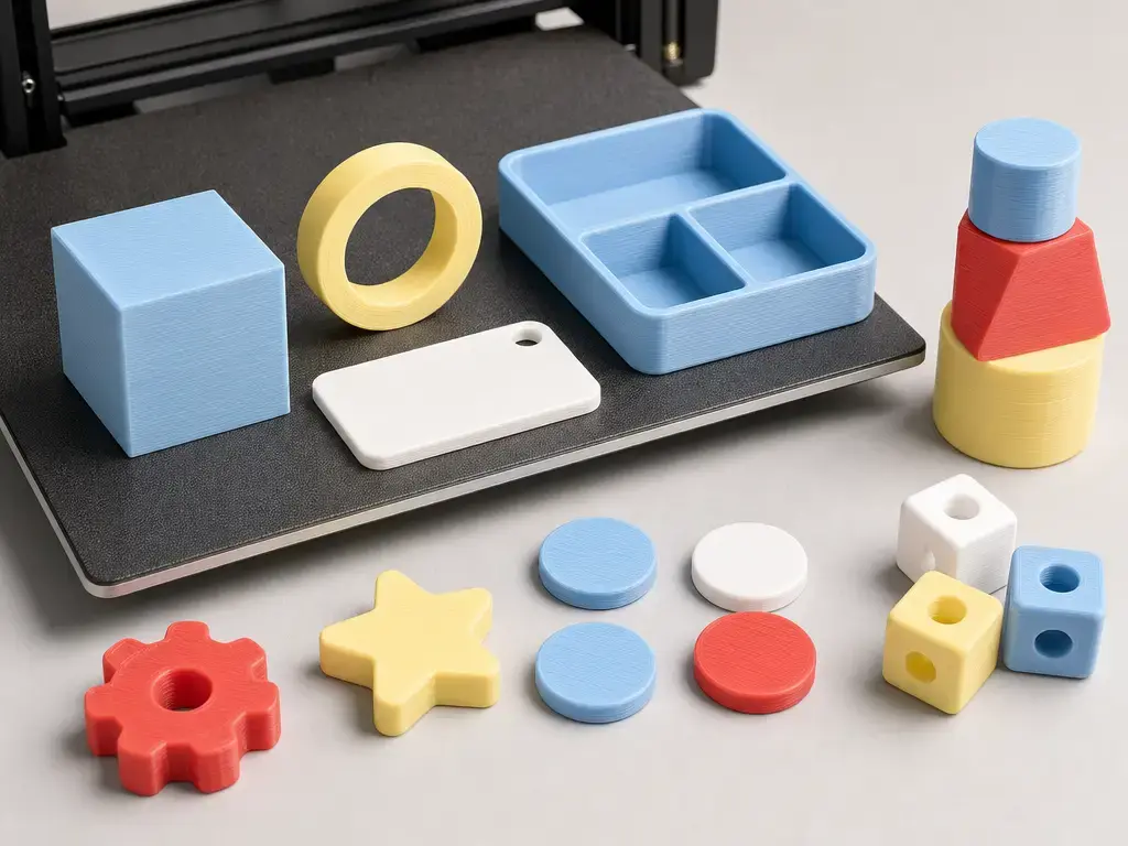 Simple PLA starter prints including tokens, solids, and small organizers