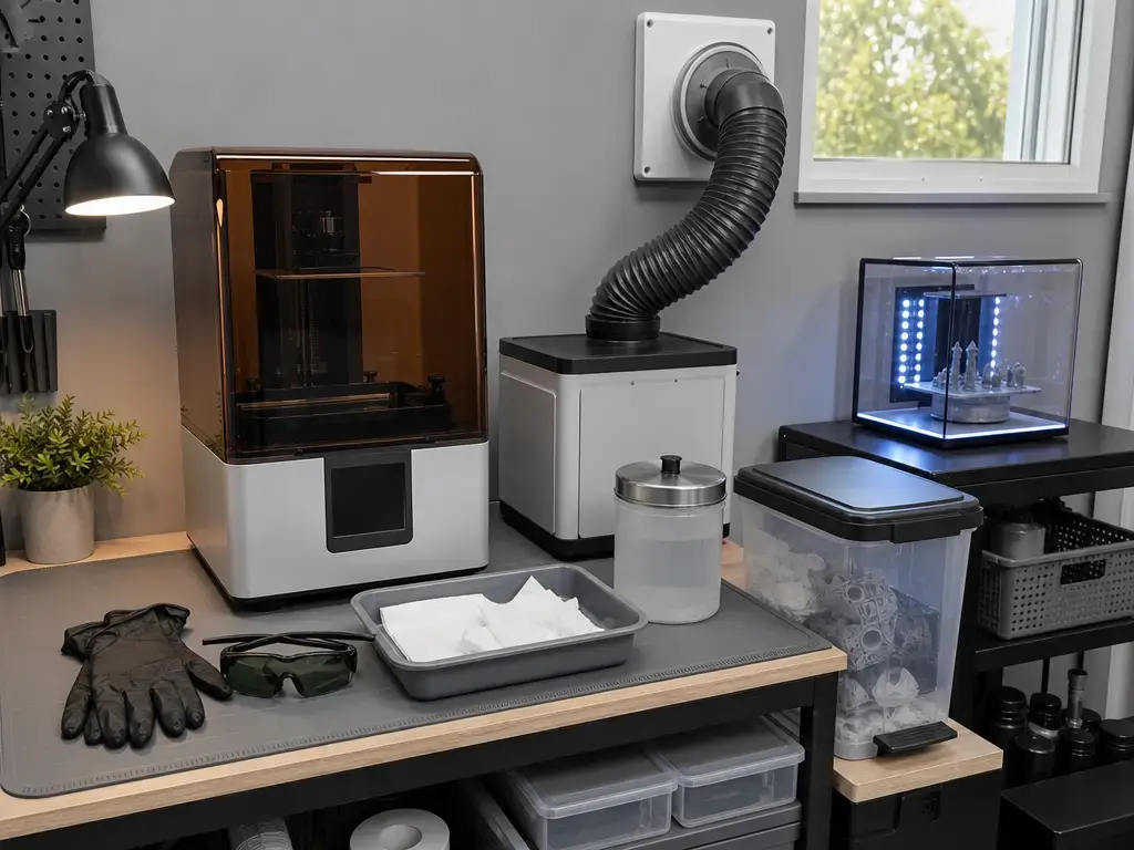 Resin printer safety setup with ventilation and PPE