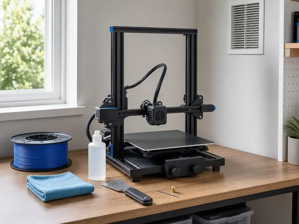 Desktop FDM printer setup with ventilation and basic maintenance supplies