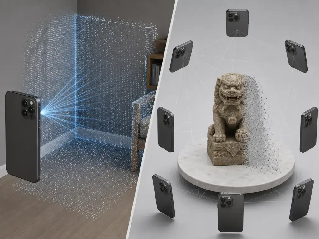 Smartphone LiDAR room scan and RGB photogrammetry object capture shown side by side