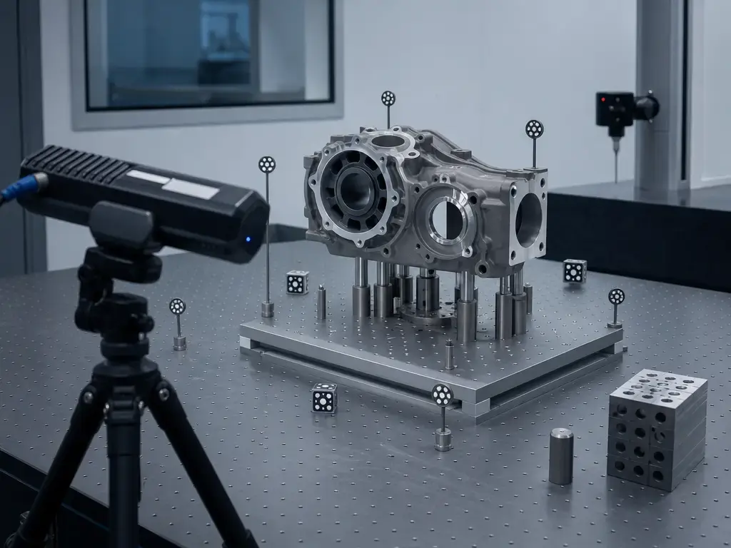 Handheld metrology 3D scanner measuring a mechanical part with targets