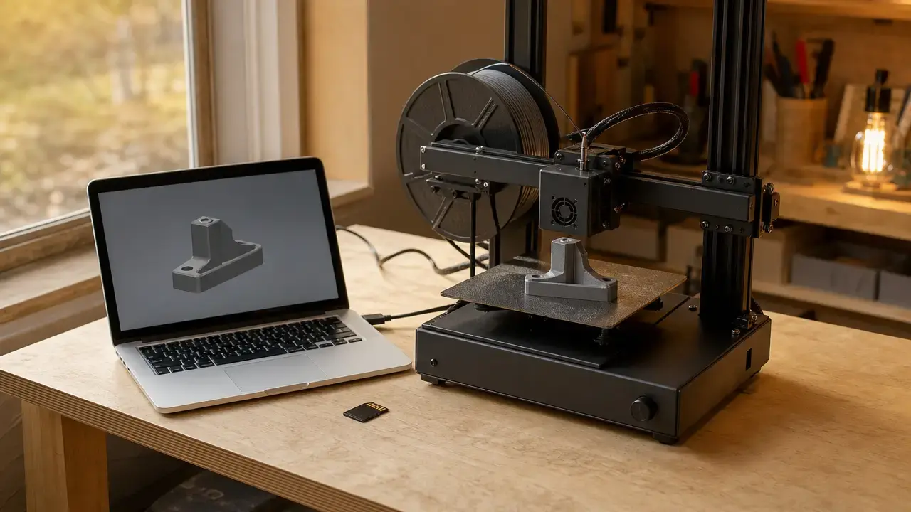 Laptop beside an FDM printer making a small plastic bracket on a workshop bench