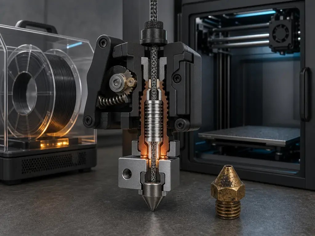 Cutaway of a 3D printer hotend with hardened nozzle and filament dryer for carbon fiber filament.