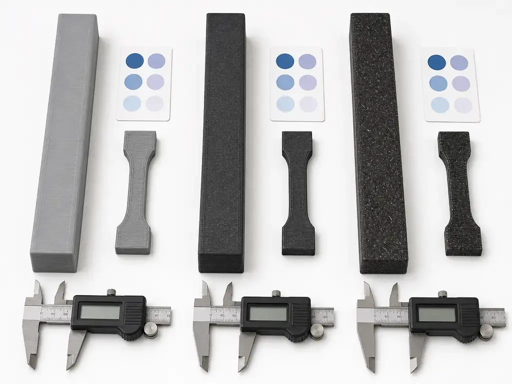Comparison of carbon fiber filament test samples with different surface finishes and stiffness.