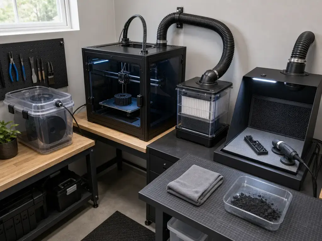 Ventilated 3D printing setup with enclosure, filter, and dust control for carbon fiber filament.