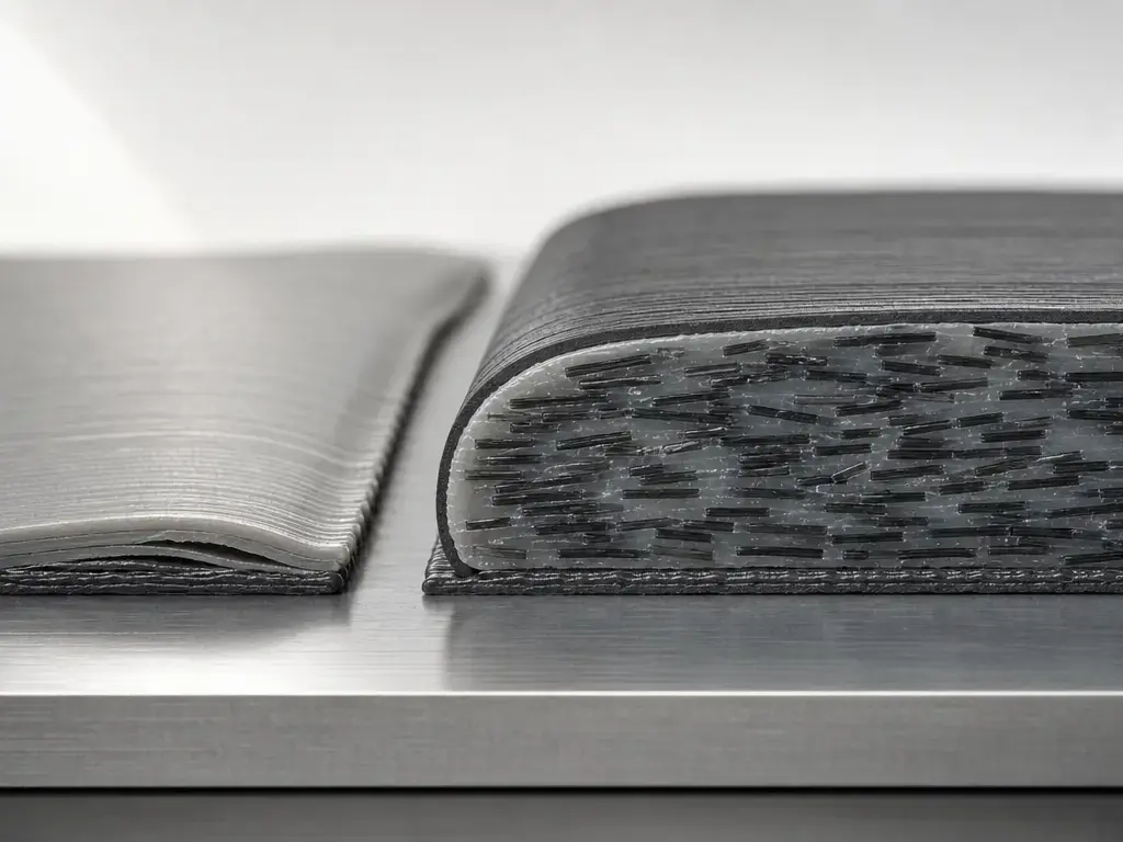Cutaway of carbon fiber nylon bead showing aligned fibers and reduced warpage