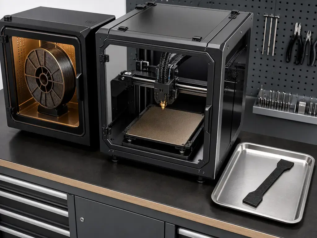 Workflow scene for carbon fiber nylon printing with dryer, enclosed printer, and test coupon