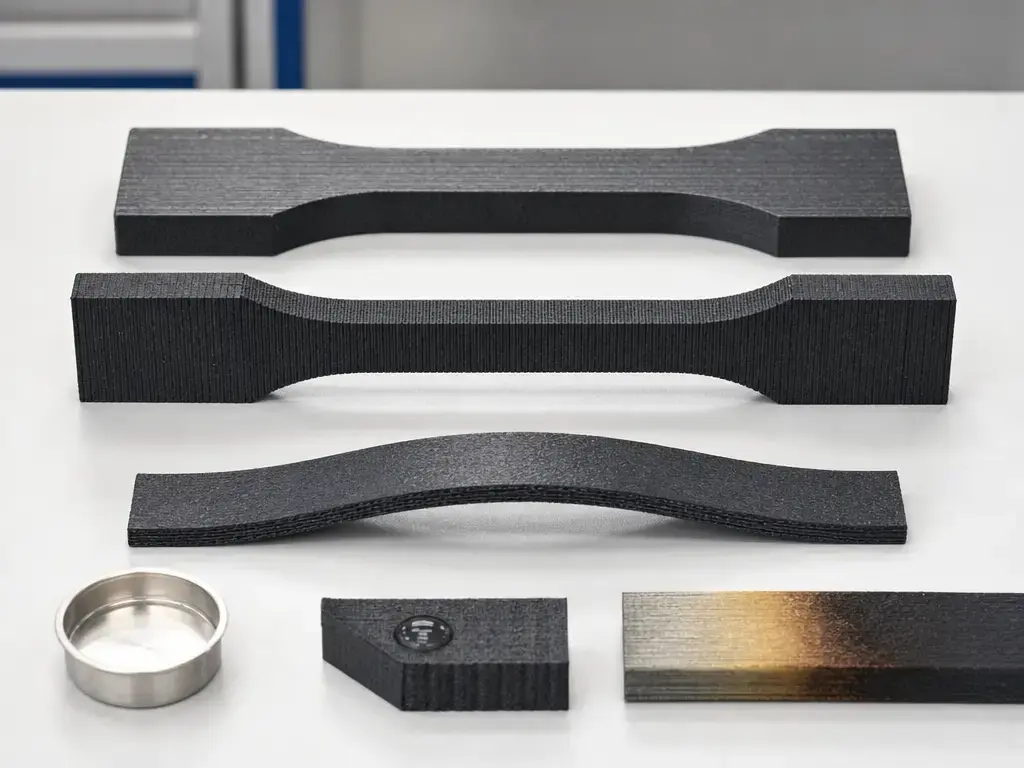 Comparison layout of carbon fiber nylon test specimens showing anisotropy and property testing
