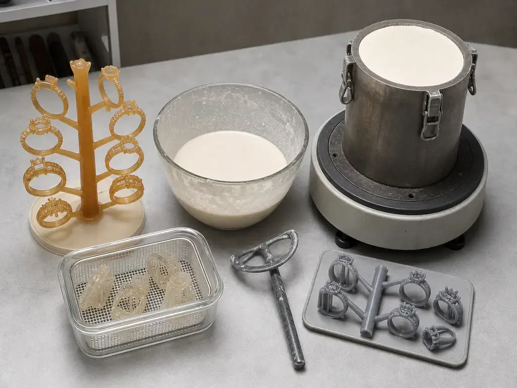 sprued castable resin jewelry patterns beside an invested flask for casting