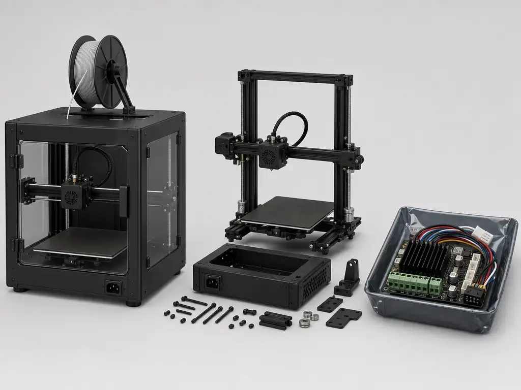 Comparison of finished 3D printer, kit assembly, and replacement module hardware for CE marking